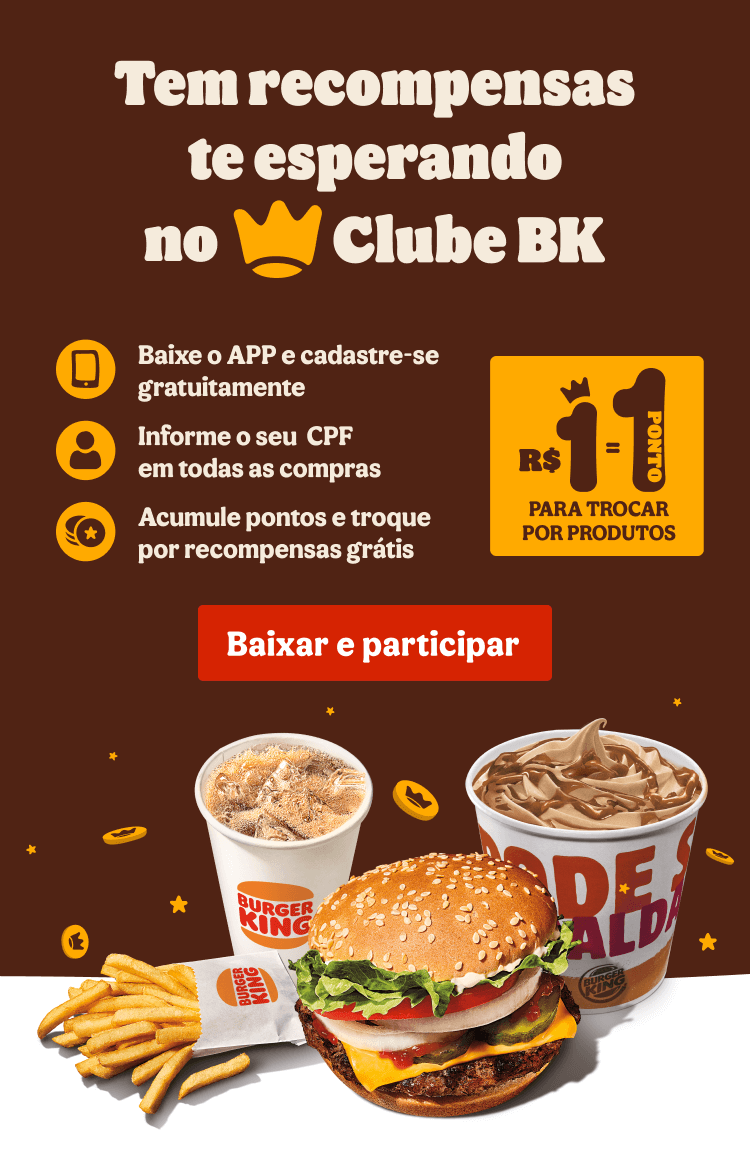Clube BK: foto de hamburger, batatas, refrigerante e balde de sorvete com moedas ilustradas